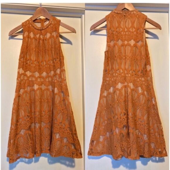 Love Fire Rust Orange Lace Overlay Mini Dress Sleeveless Boho Romantic Party - Picture 3 of 5